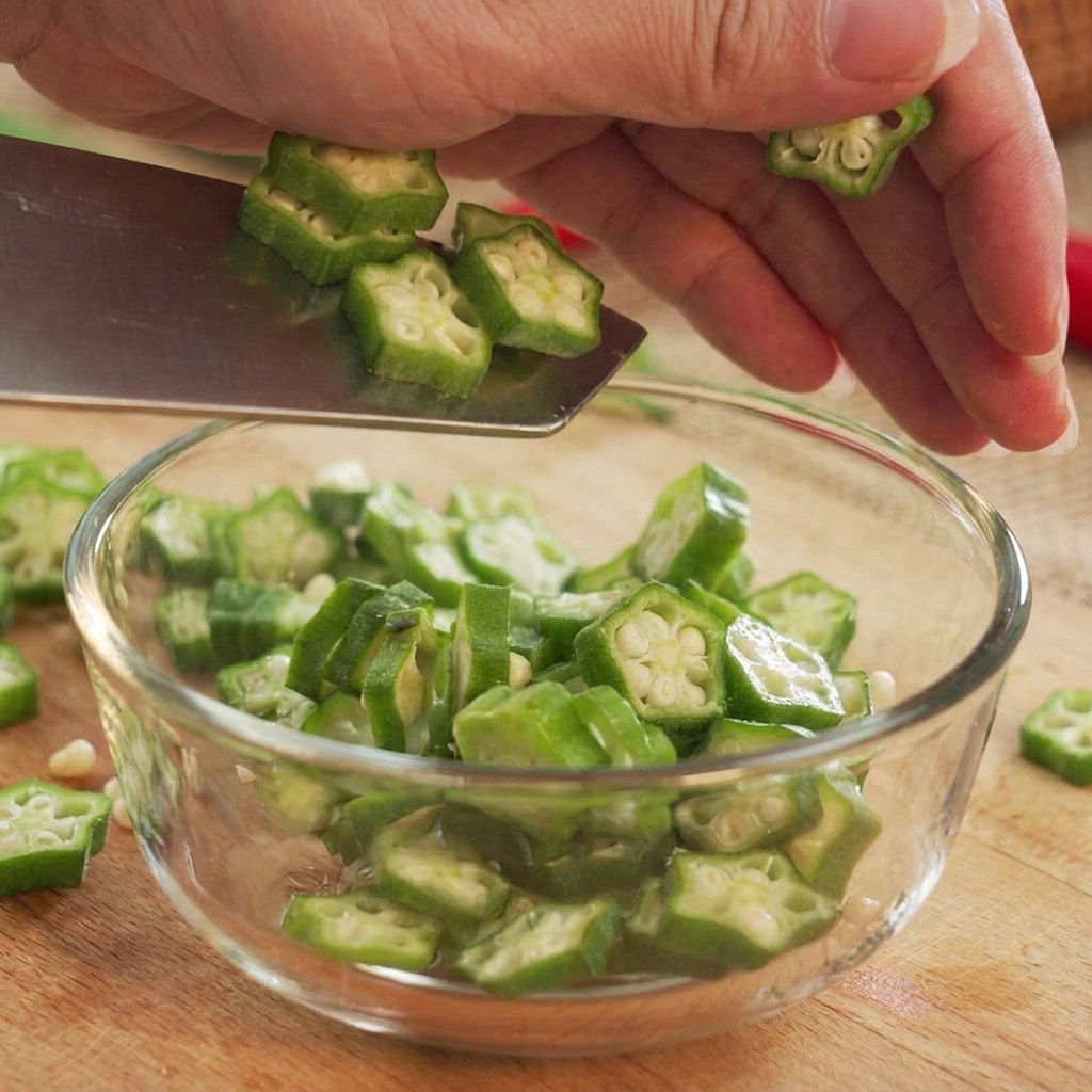 Star-shaped sliced okra being moved from a knife blade into a transparent glass bowl.