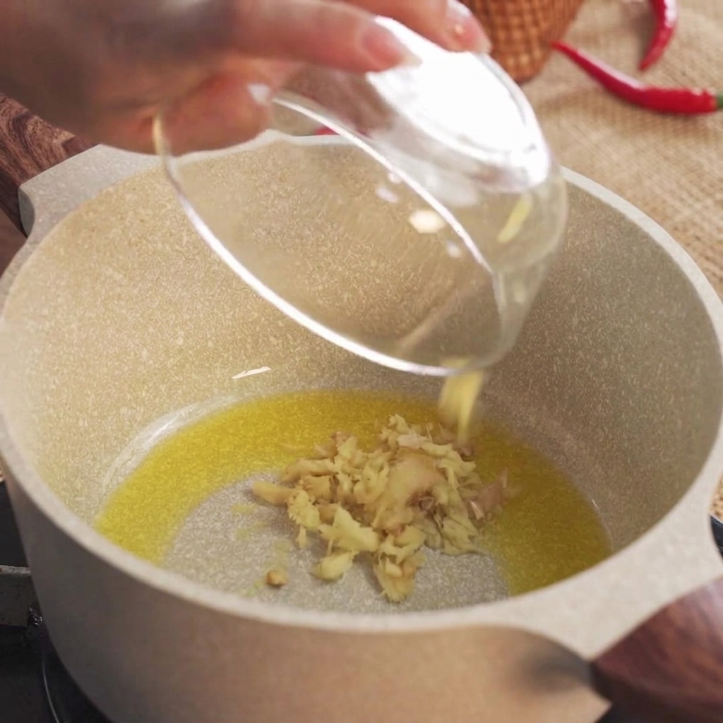 Minced ginger being dropped into hot cooking oil inside a ceramic pot.