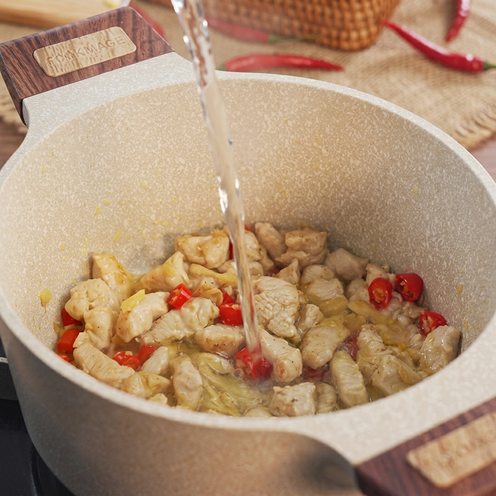 Clear water being poured from a stream into the pot over the partially cooked chicken and aromatics.
