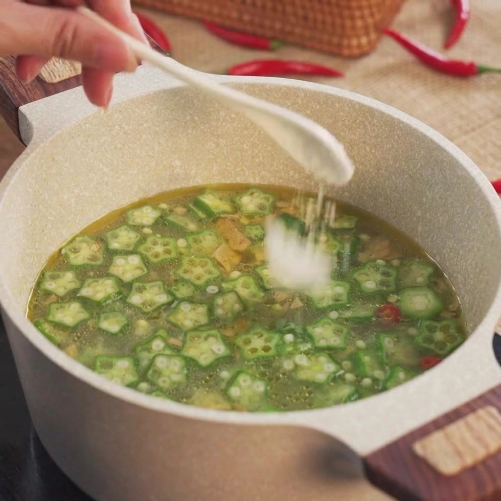 A white spoon sprinkling salt into a pot filled with chicken, star-shaped okra slices, and simmering broth.