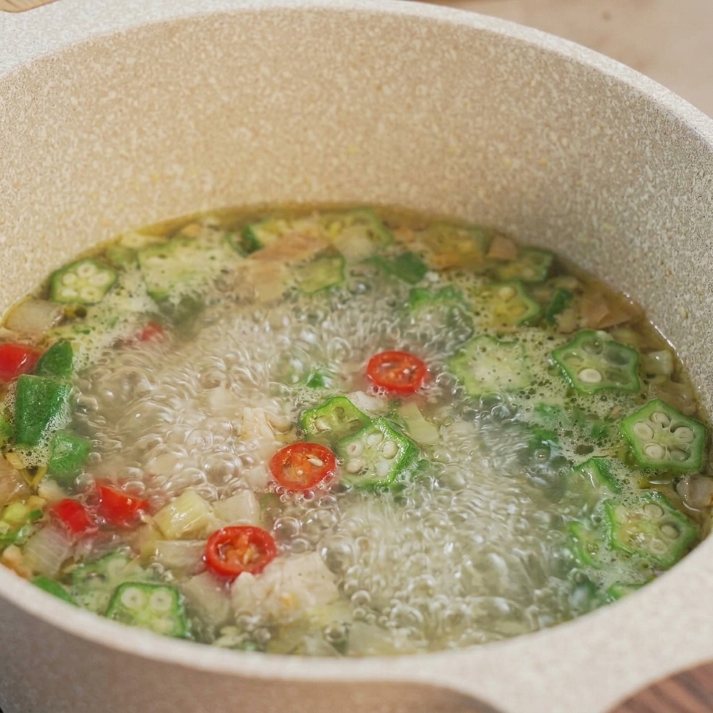 A vibrant soup boiling vigorously in a pot with bright green okra slices, red chilies, and cooked chicken.