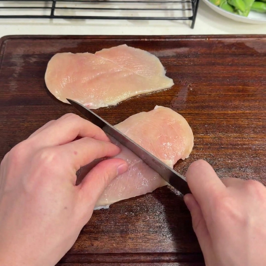 A knife slicing raw chicken breast into cubes on a wooden cutting board.
