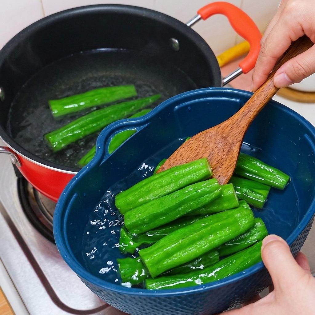 Boiled okra being lifted from a hot pot and placed into a blue colander filled with ice water.