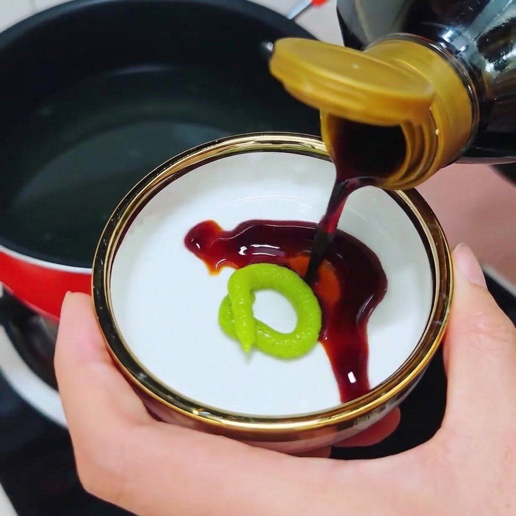 Dark soy sauce flowing from a bottle into a small saucer next to a green ring of wasabi.