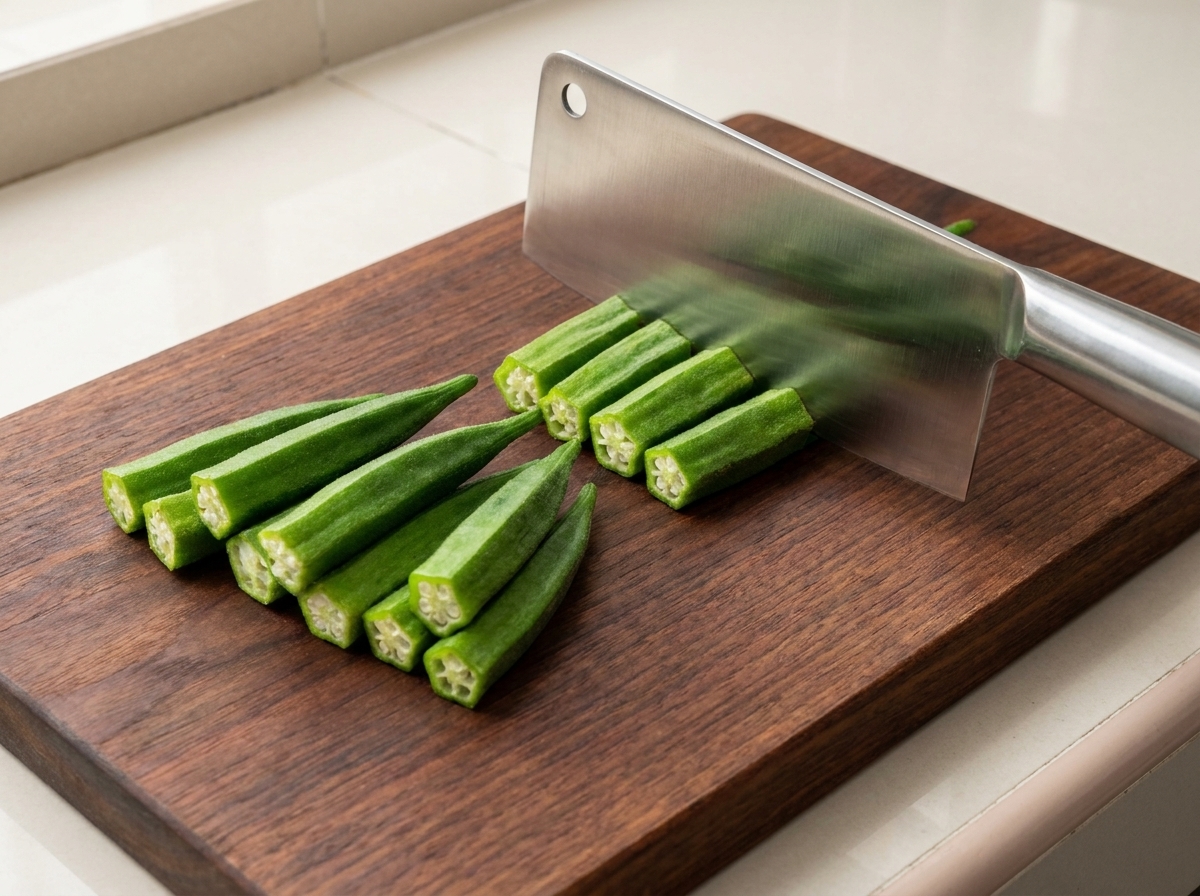 Cooled okra pods being chopped into bite-sized segments with a metal cleaver on a wooden cutting board.