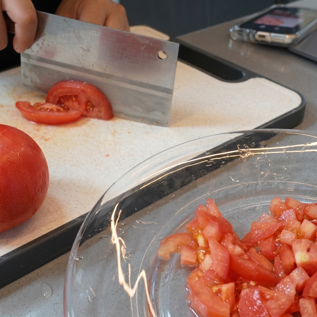 Blanched tomatoes being chopped into small pieces on a cutting board using a cleaver.