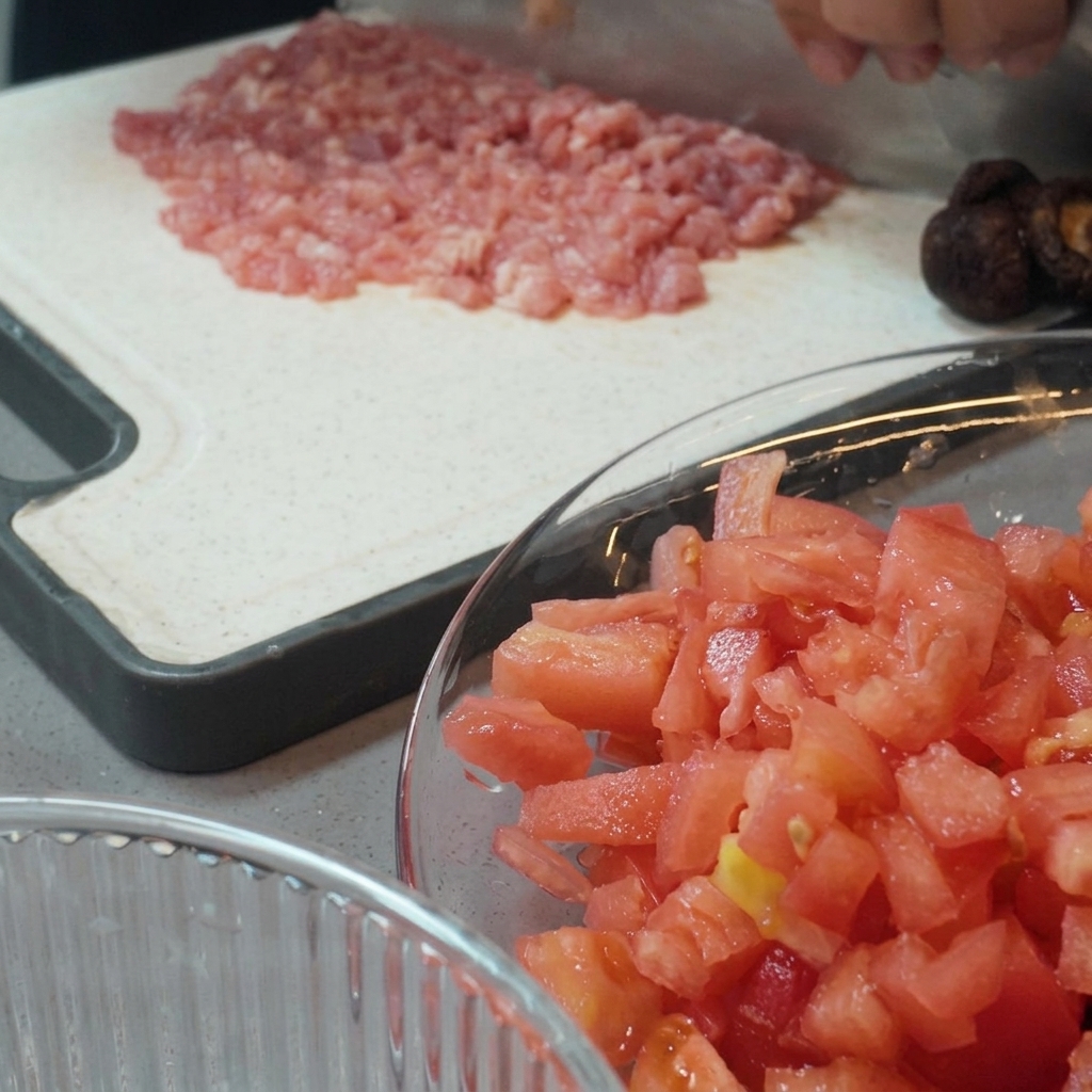 Meat being finely chopped on a cutting board with a cleaver.