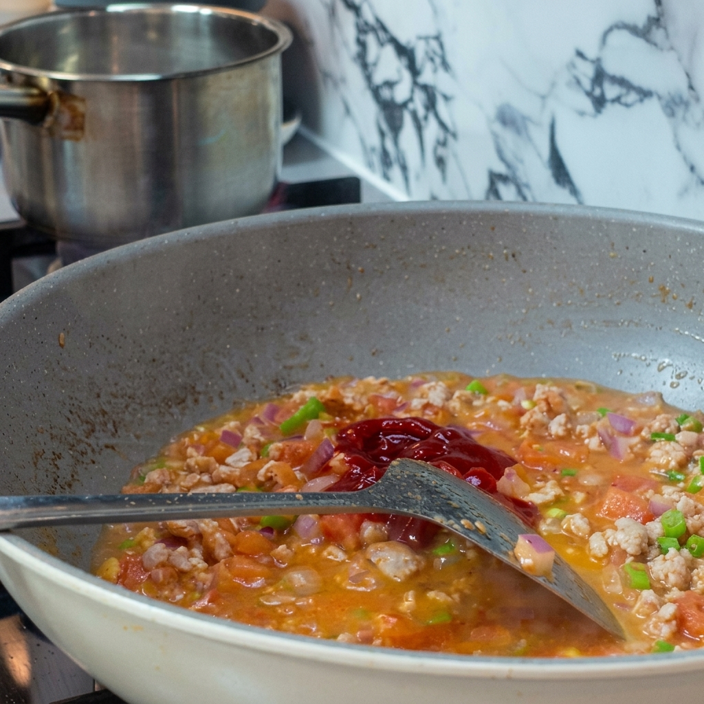 A spoonful of thick red tomato paste being added to the simmering pan mixture with a spatula.