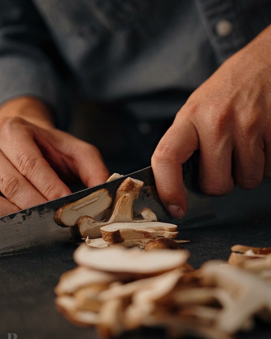 A raw garlic clove being crushed with the flat edge of a large chef knife.