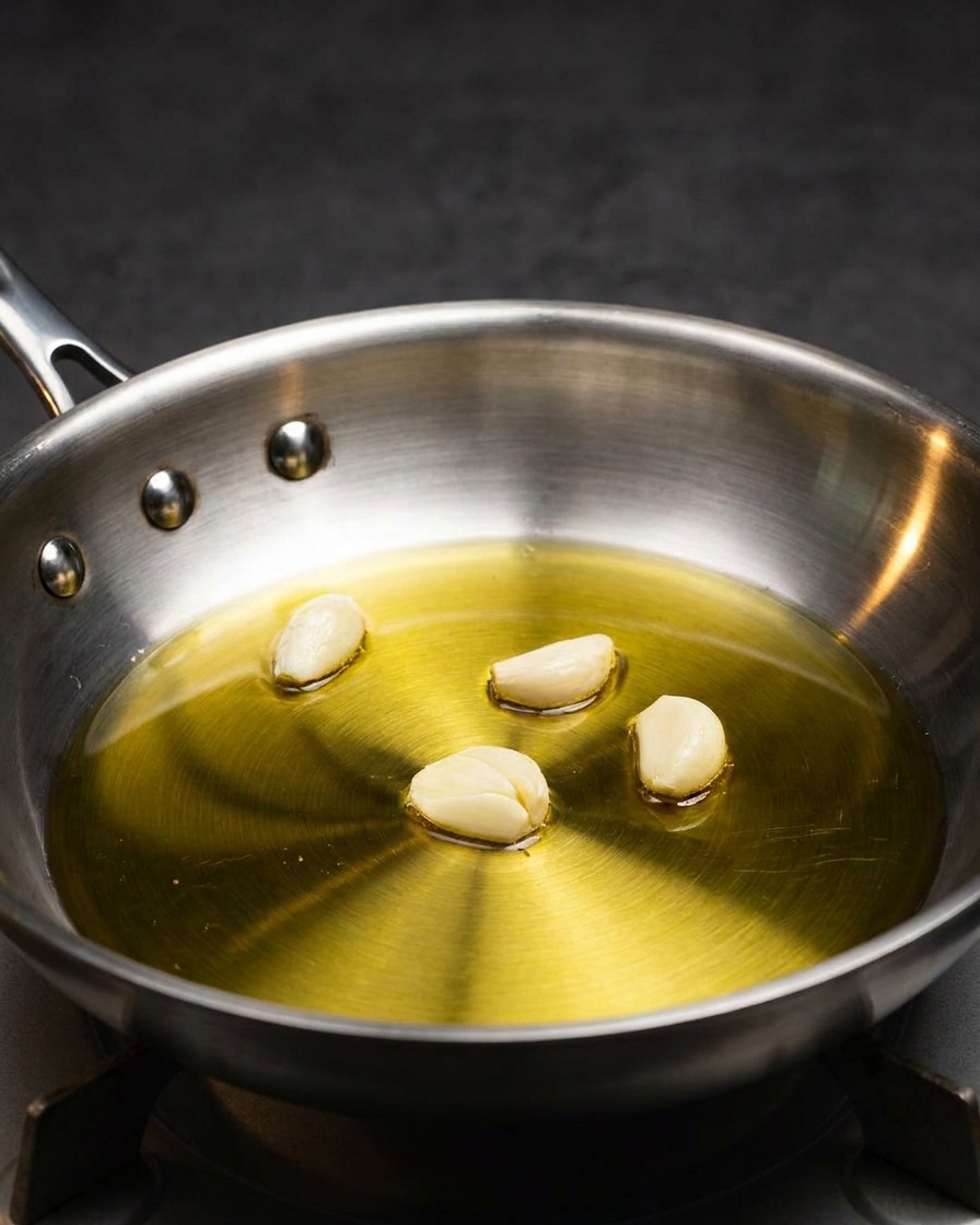 Raw garlic cloves resting in a stainless steel pan coated with olive oil.