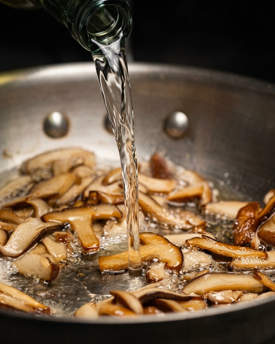 Clear cooking liquid being poured from a bottle into a pan filled with cooking mushrooms.