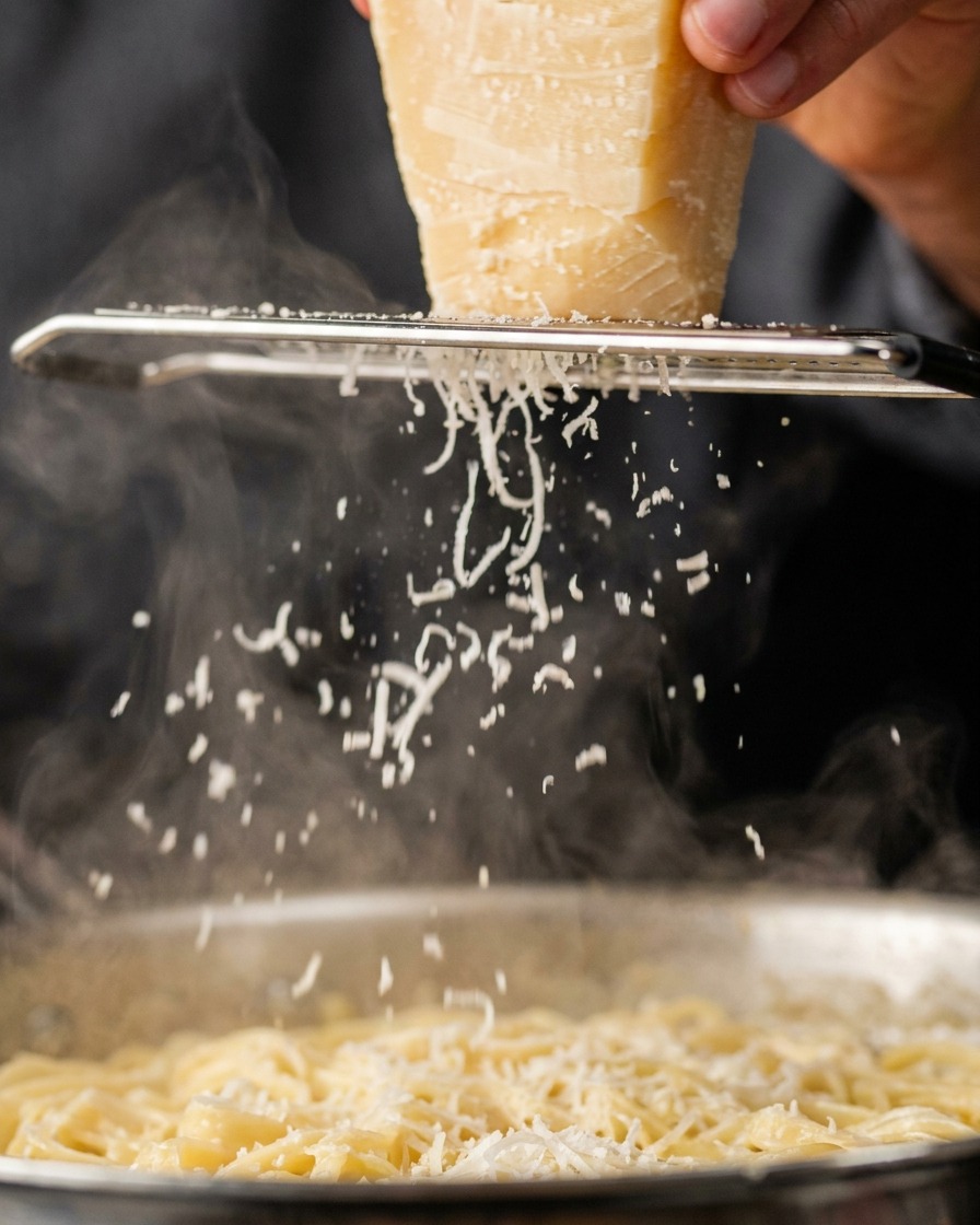 Freshly grated cheese falling from a handheld metal grater into a simmering creamy pan sauce.