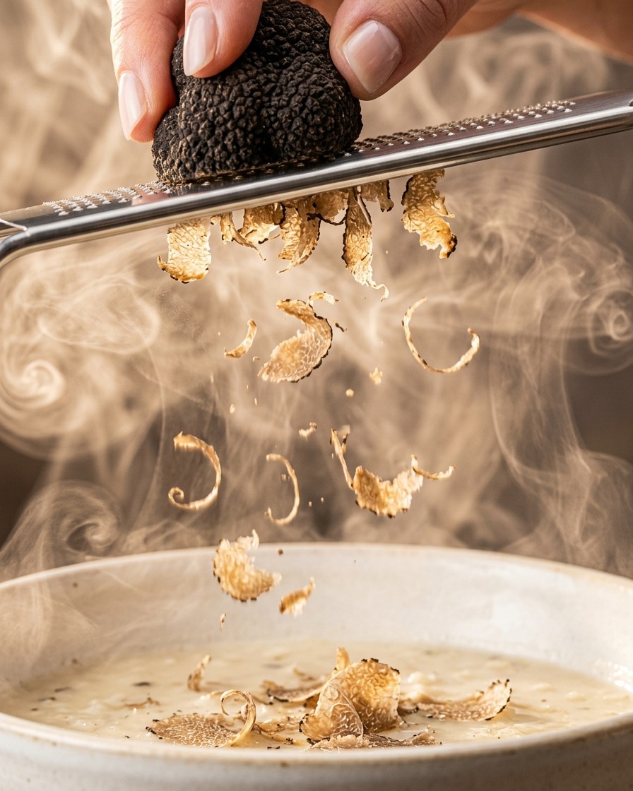Thin shavings of fresh black truffle falling from a grater into a bowl of creamy sauce.