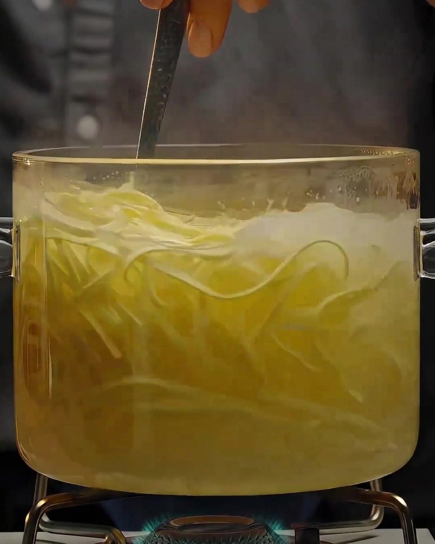 Long pasta strands cooking and being stirred inside a bubbling glass pot of boiling water.