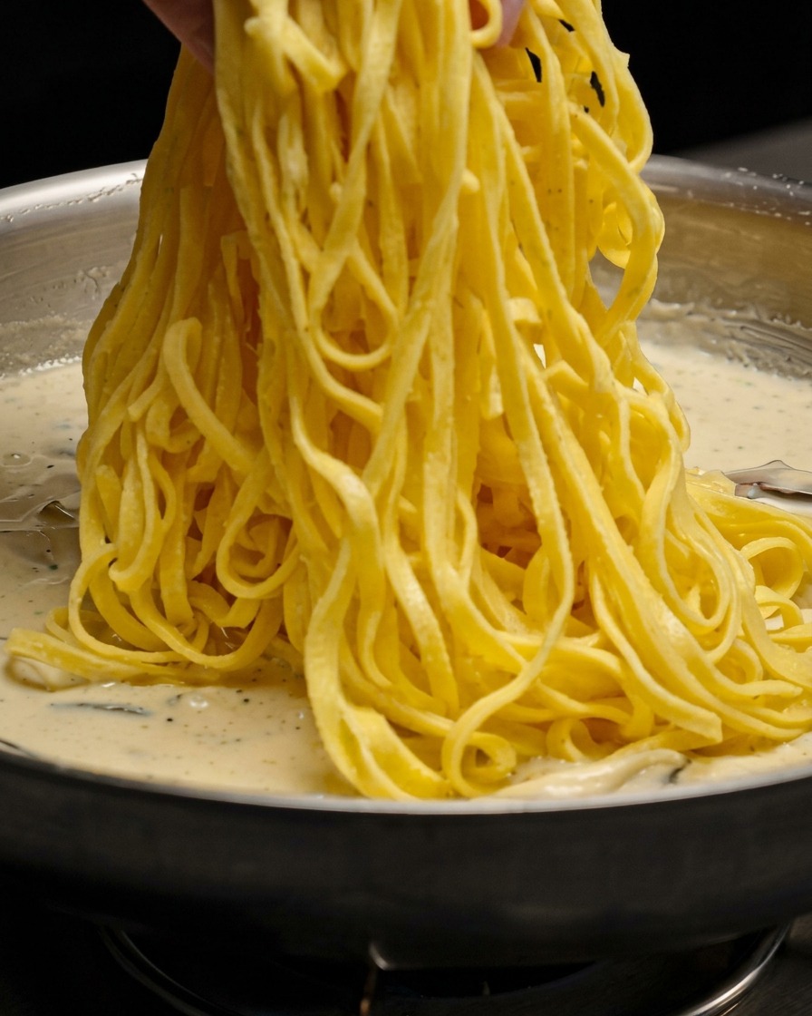 A bundle of yellow pasta being lifted and mixed into a creamy pan sauce filled with mushrooms.