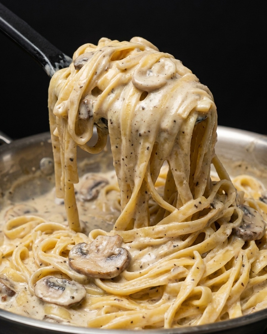 Black kitchen tongs lifting a twirled portion of creamy mushroom pasta out of the pan.
