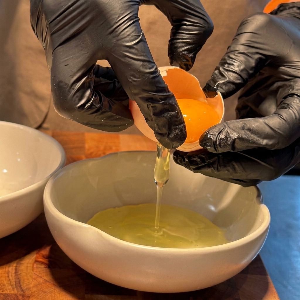 Eggs being cracked into a white bowl filled with grated cheese and truffle sauce.