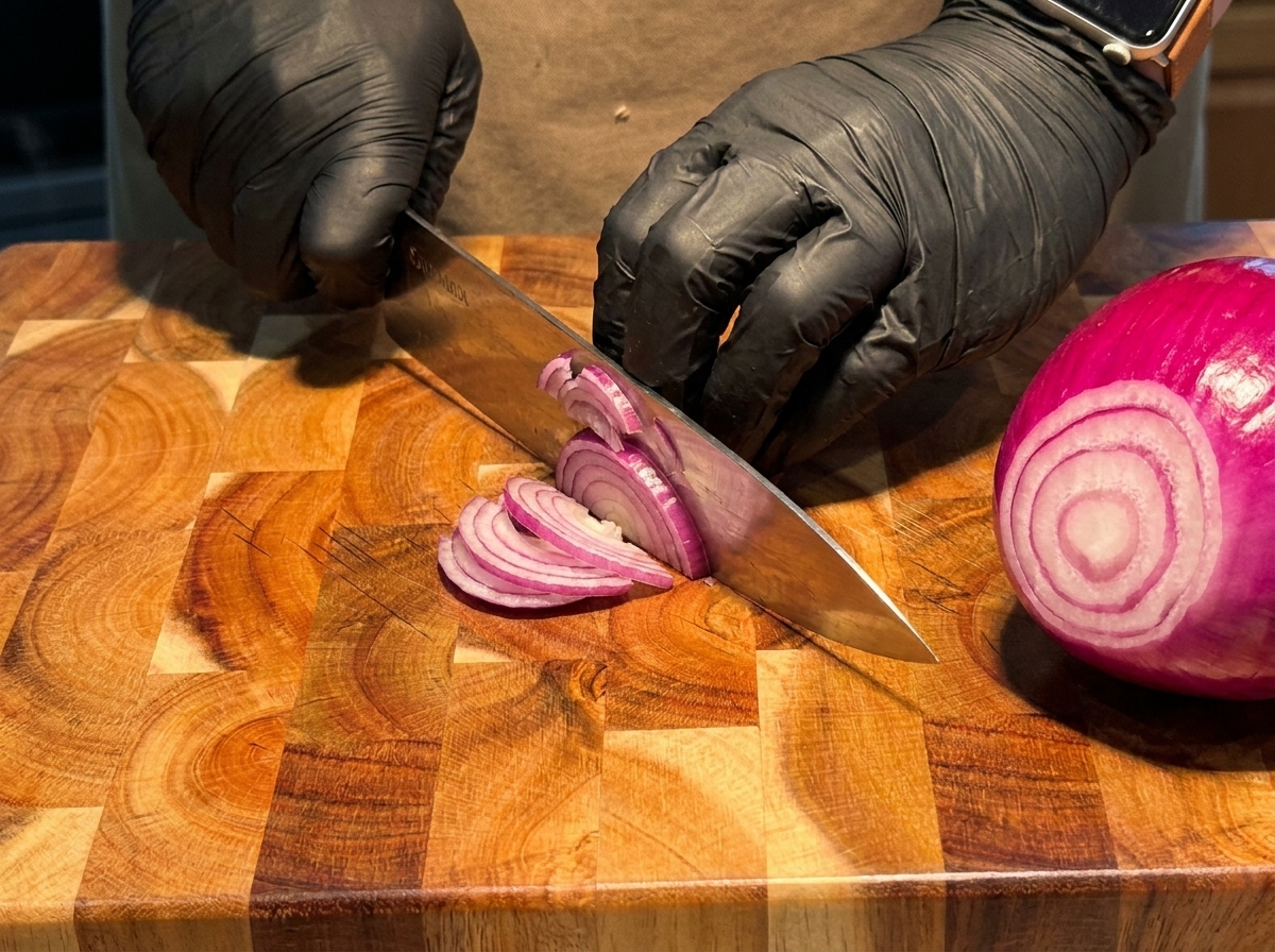 A knife slicing a purple onion on a wooden cutting board next to a halved onion.