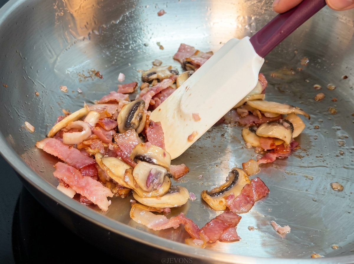 A silicone spatula stirring cooked pasta, bacon, and mushrooms together in a metal pan.