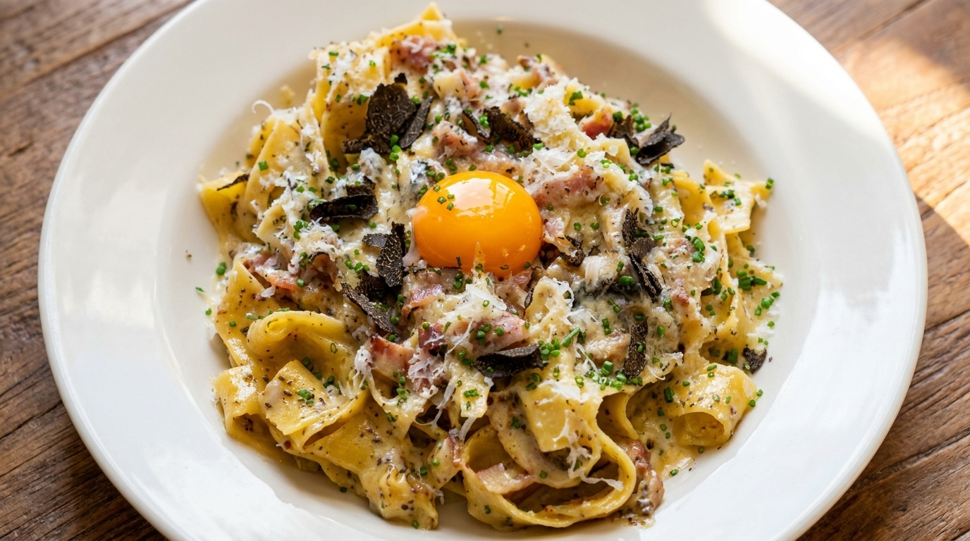 Finished black truffle carbonara garnished with fresh truffle slices, a raw egg yolk, and chives