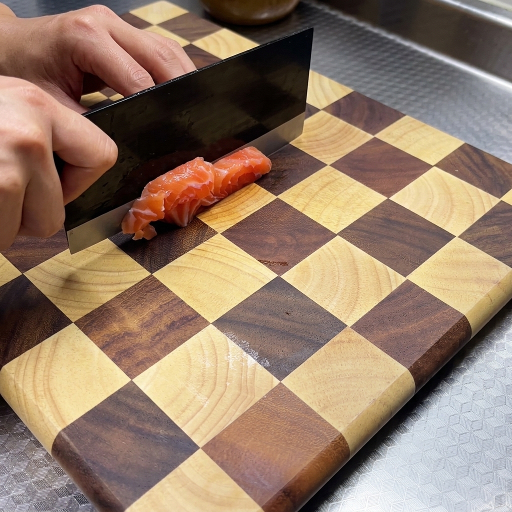 Salmon fillets being sliced into even 1-centimeter blocks on a checkered wooden cutting board using a dark kitchen cleaver.