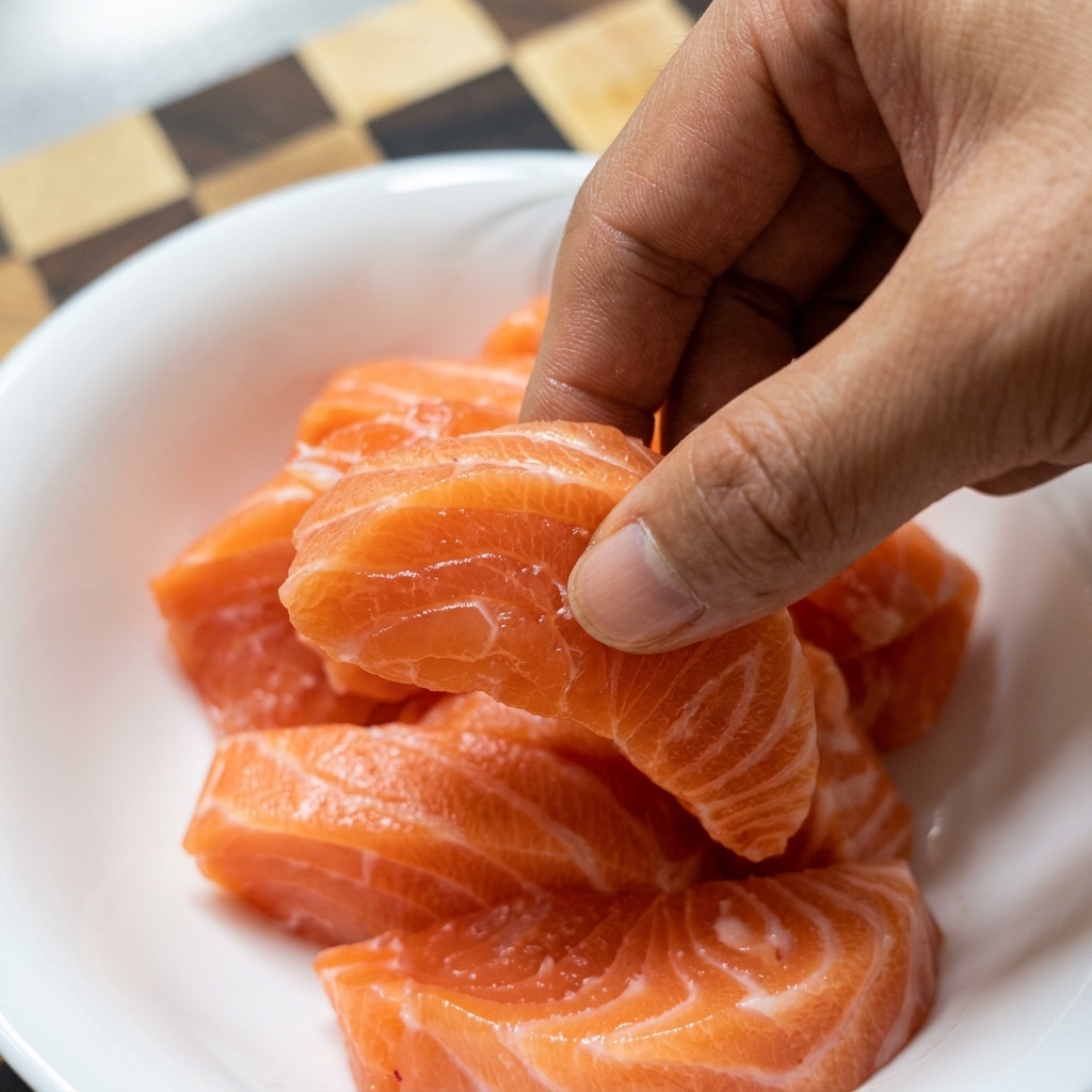 A hand holding a piece of fresh salmon over a white bowl filled with salmon pieces being seasoned with soy sauce.