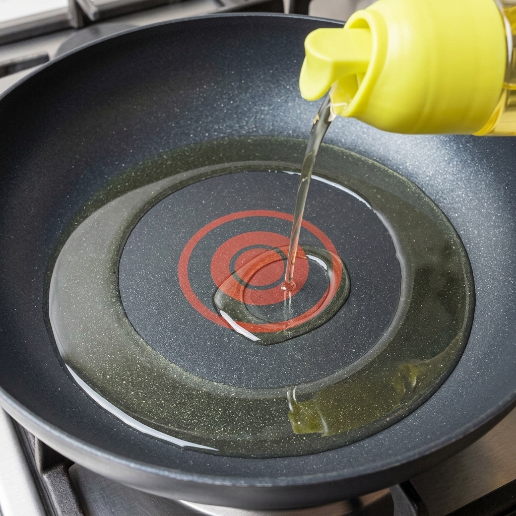 Cooking oil being poured from a yellow-capped squeeze bottle into a heated non-stick flat-bottom pan.