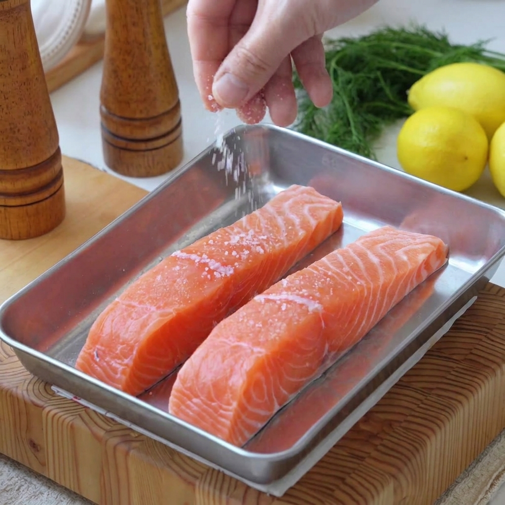 Fresh salmon fillets seasoned with coarse sea salt and black pepper being rubbed by hand in a stainless steel tray.