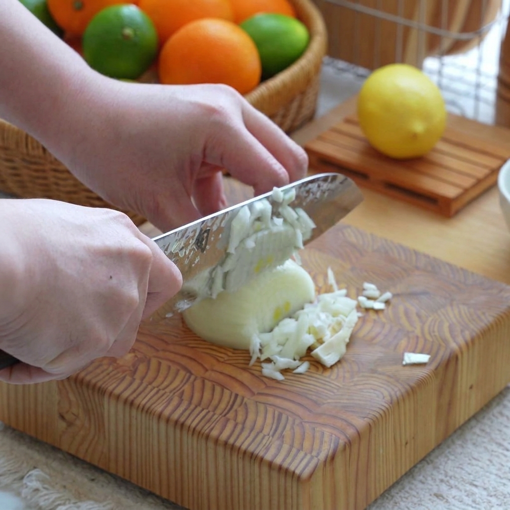 An onion and garlic cloves being finely minced with a sharp knife on a rustic wooden cutting board.