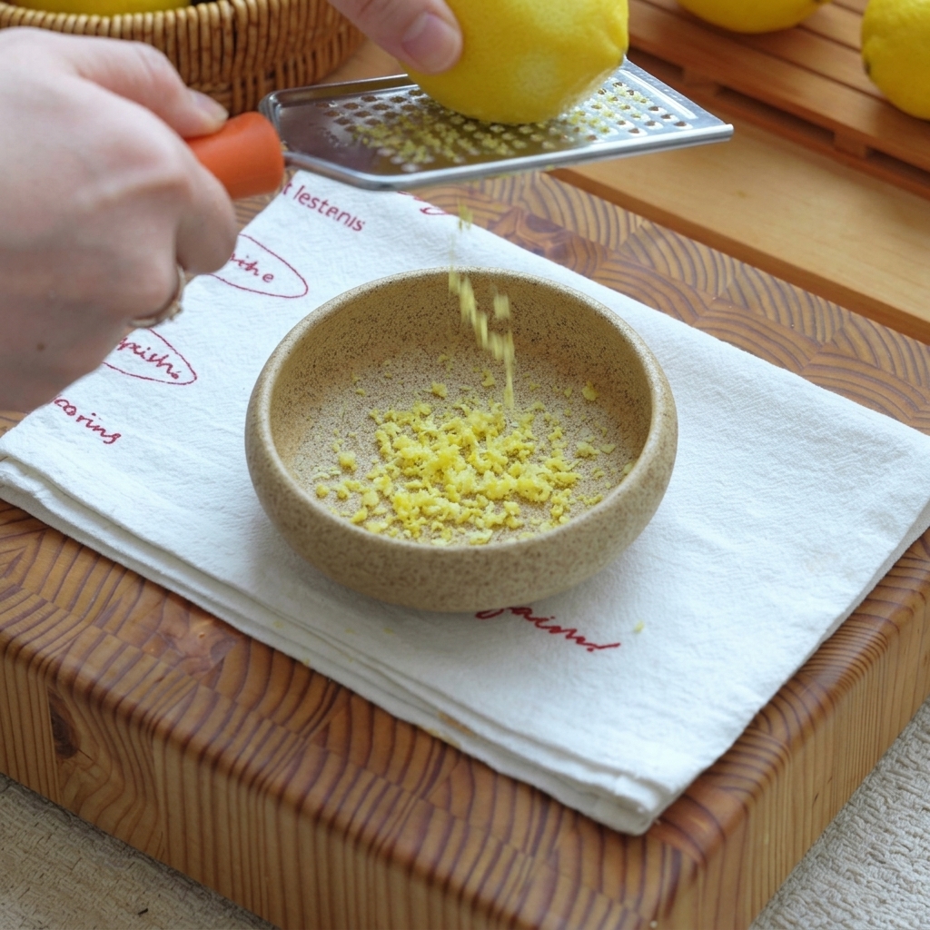 Lemon zest being grated with a metal grater and falling into a small ceramic bowl lined with a white cloth.
