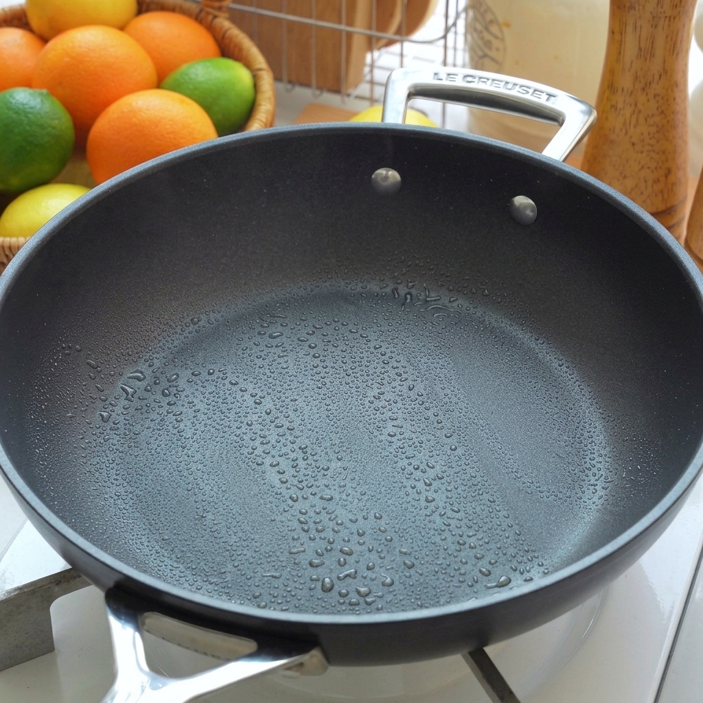 A hot dark non-stick pan coated with a thin layer of glistening olive oil droplets on a stovetop.
