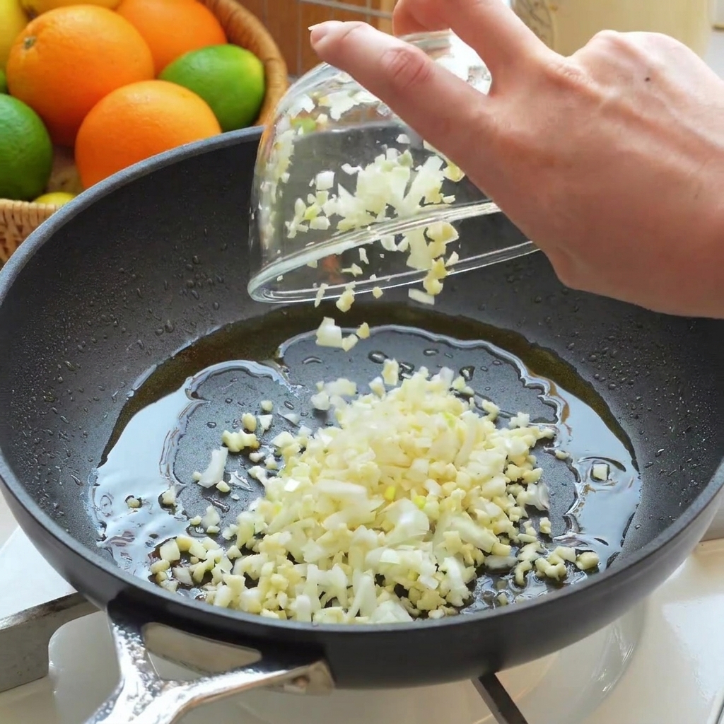 Chopped onions, minced garlic, and lemon zest being poured from a glass bowl into a frying pan with oil.