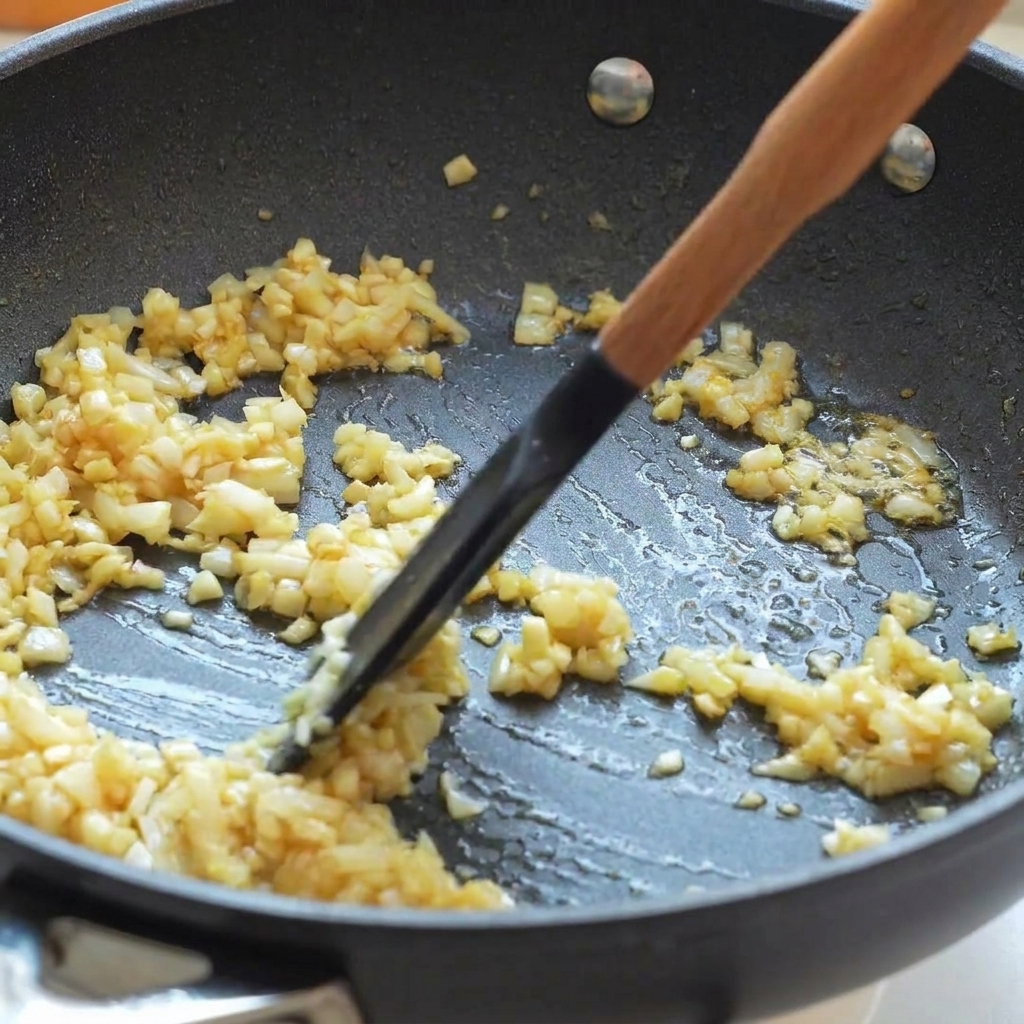 Water being poured into a pan with sautéed onions and garlic, being stirred with a wooden spatula.