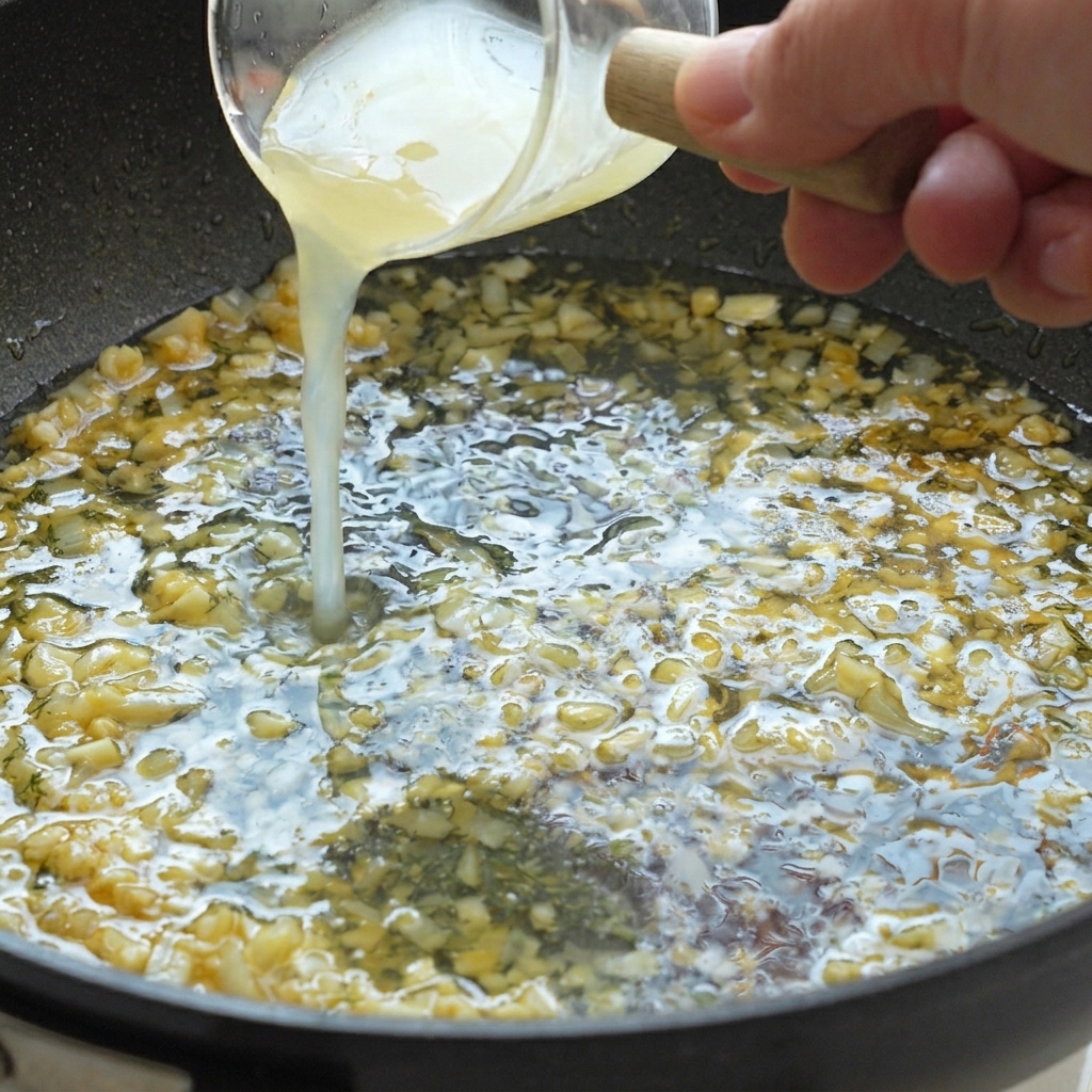 Fresh lemon juice being poured from a glass measuring cup into a pan with sautéed garlic and onions.