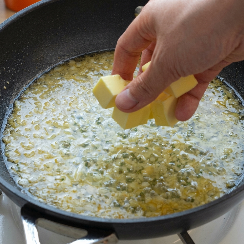 Cubes of butter being added by hand into a simmering pan with lemon sauce.