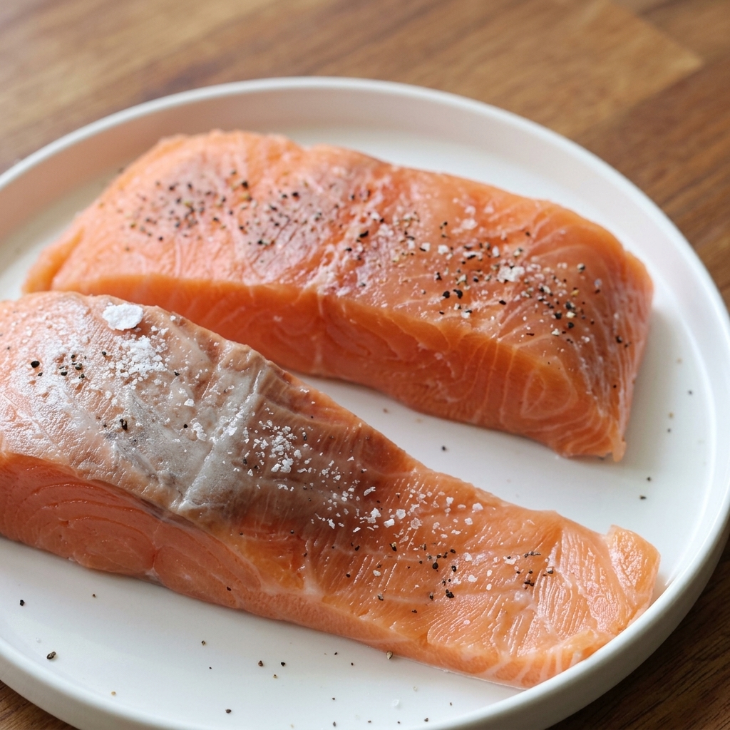 Two raw salmon fillets on a white plate generously seasoned with coarse sea salt and black pepper.