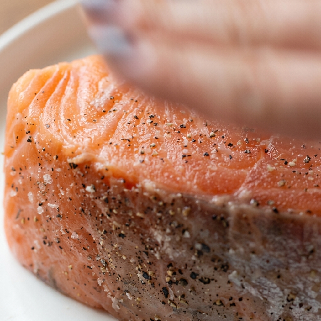A hand gently pressing and rubbing sea salt and black pepper into a raw salmon fillet.