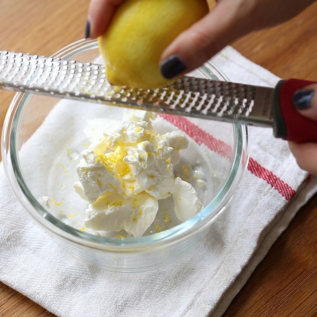 Hands using a grater to zest a whole lemon over a glass bowl containing softened cream cheese.