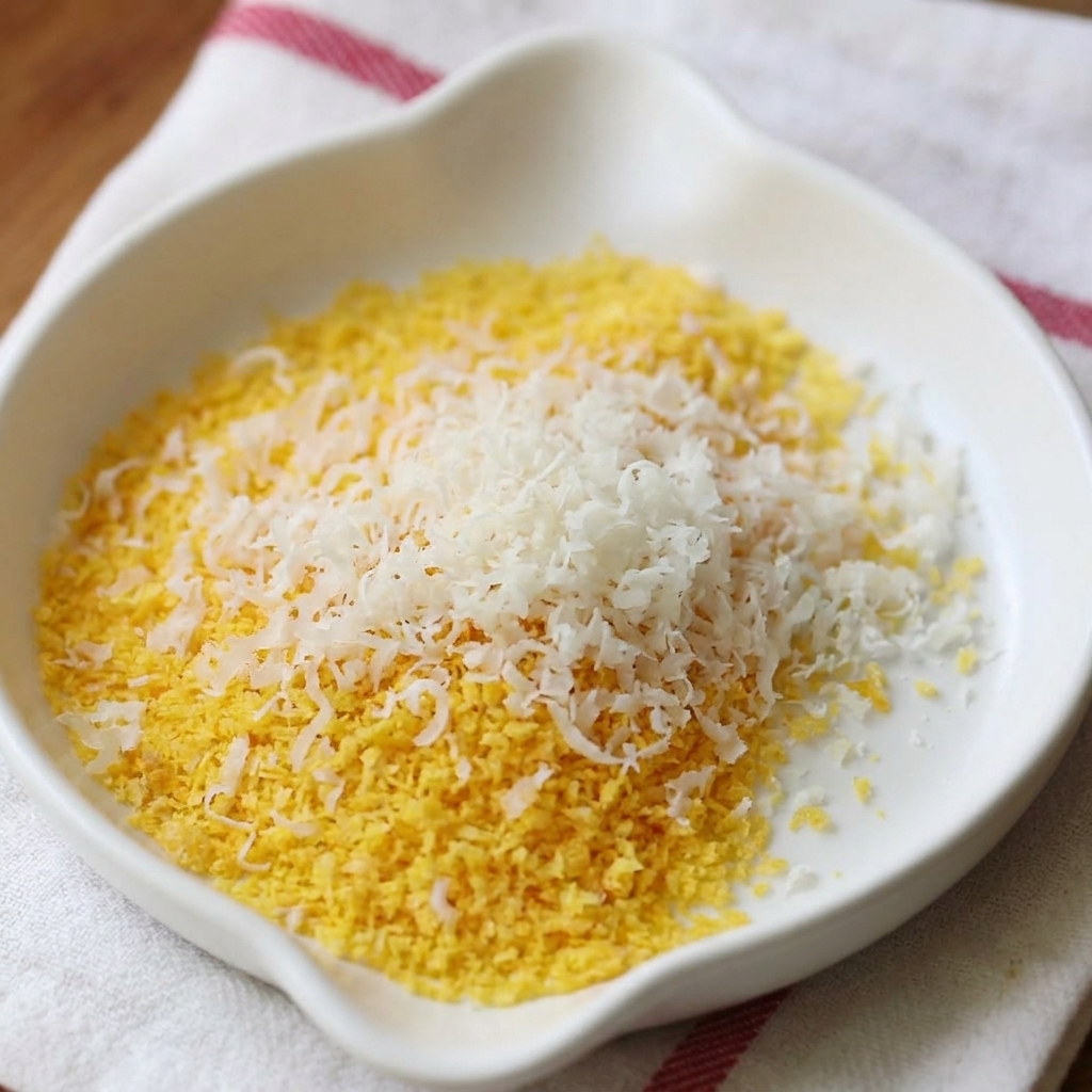 A small white dish holding a mixture of yellow breadcrumbs and finely grated white Parmesan cheese.