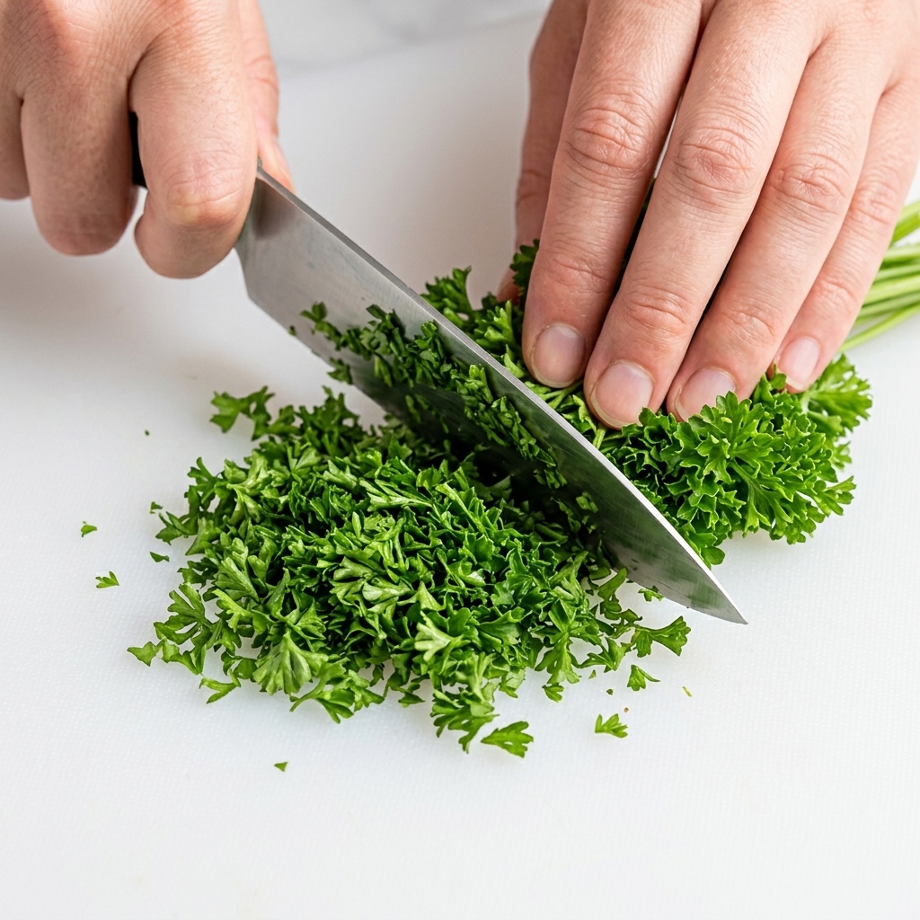 Hands finely chopping fresh curly parsley on a white cutting board with a chefs knife.