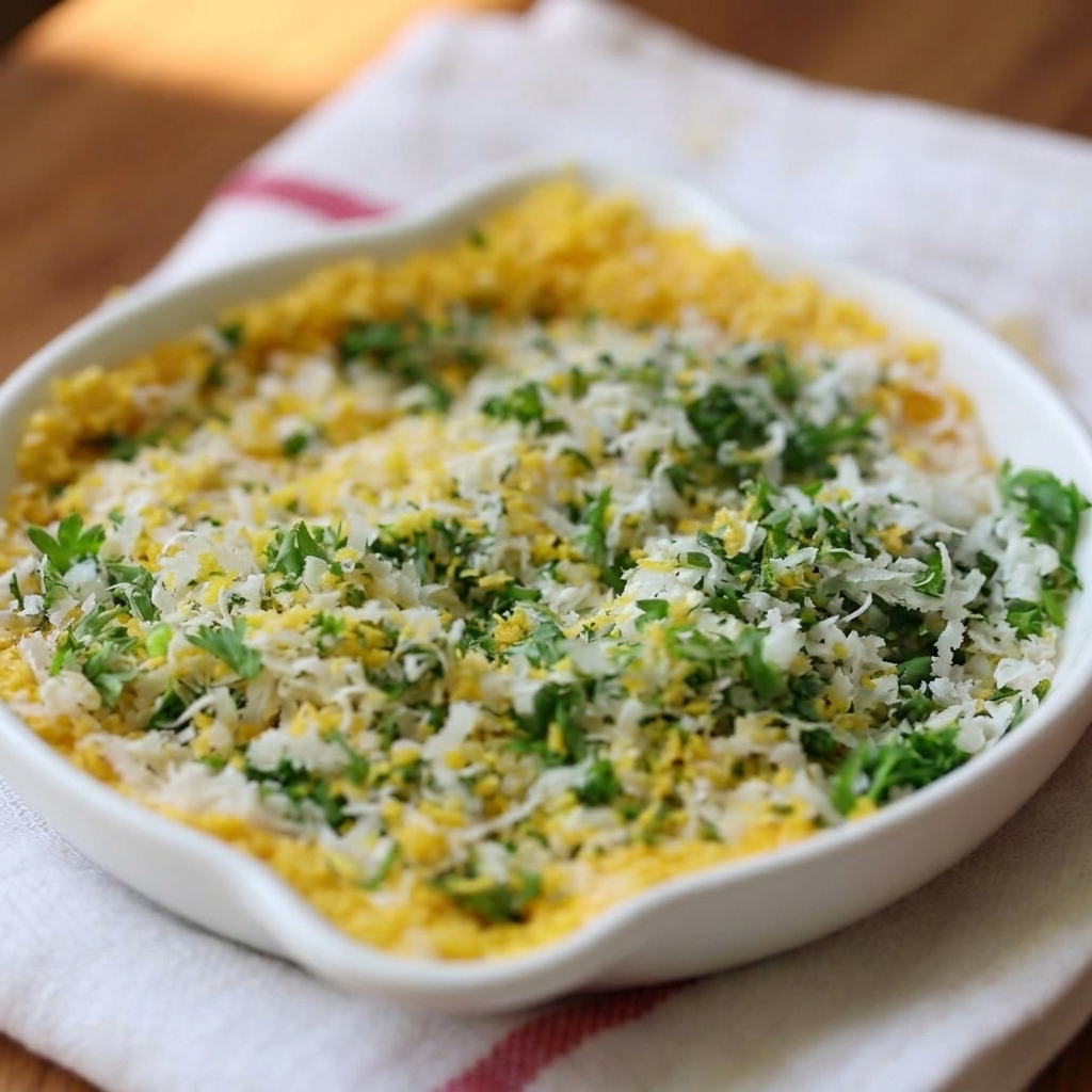 A white plate containing a mixture of yellow breadcrumbs, grated white Parmesan cheese, and chopped green parsley.