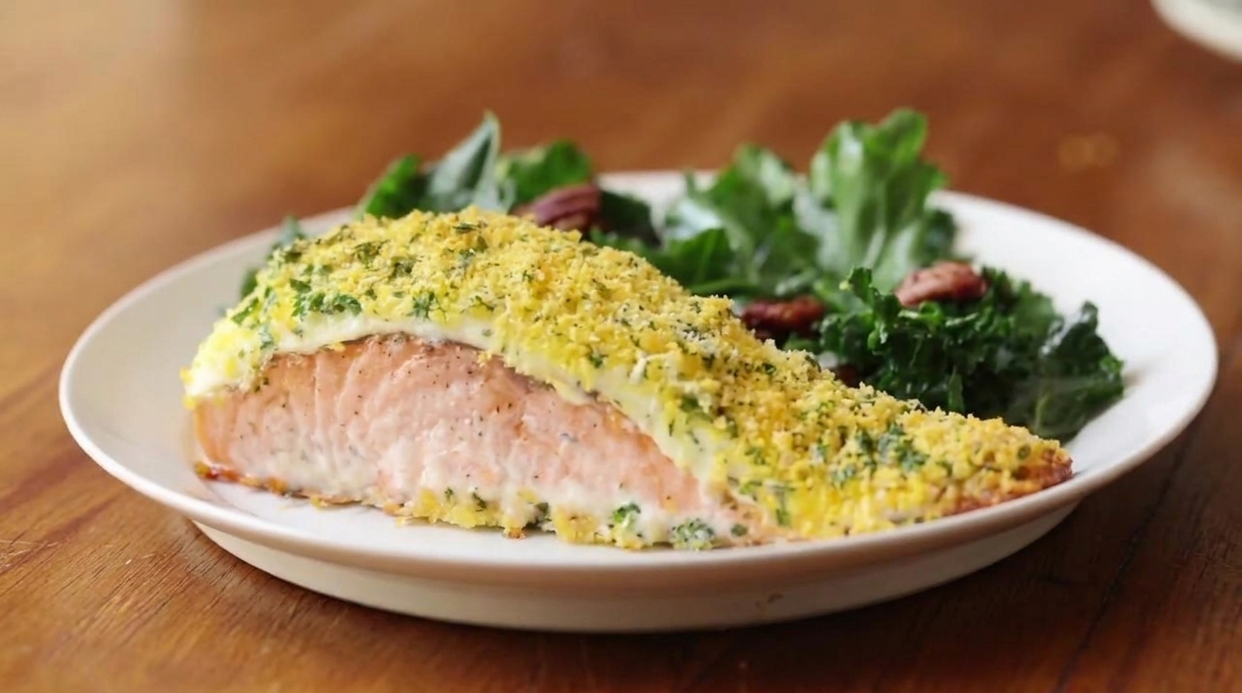 Parmesan Crusted Baked Salmon with Kale Salad