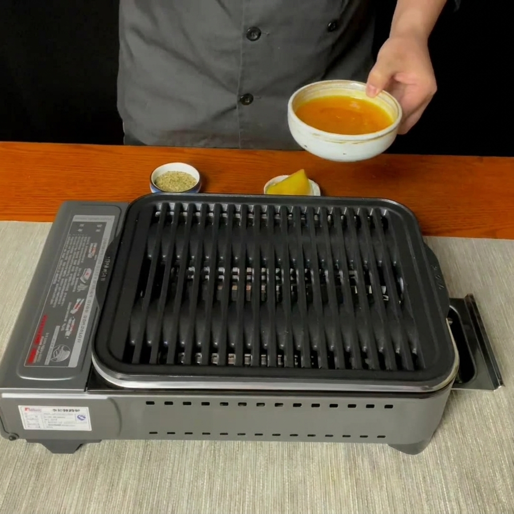 A yellow brush applying oil onto the ridges of a hot grill pan.