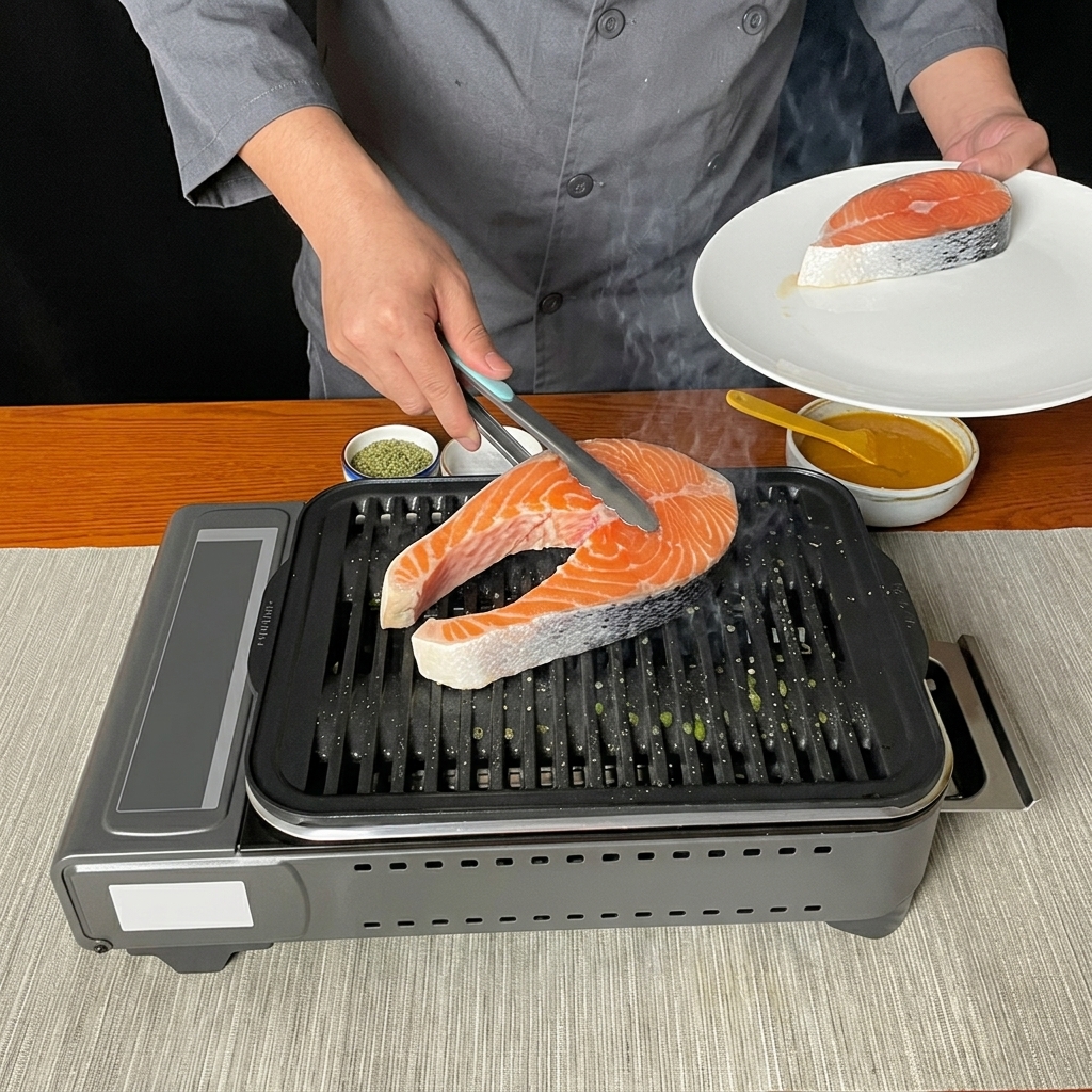 Raw salmon steaks being transferred onto a hot grill pan using metal tongs.