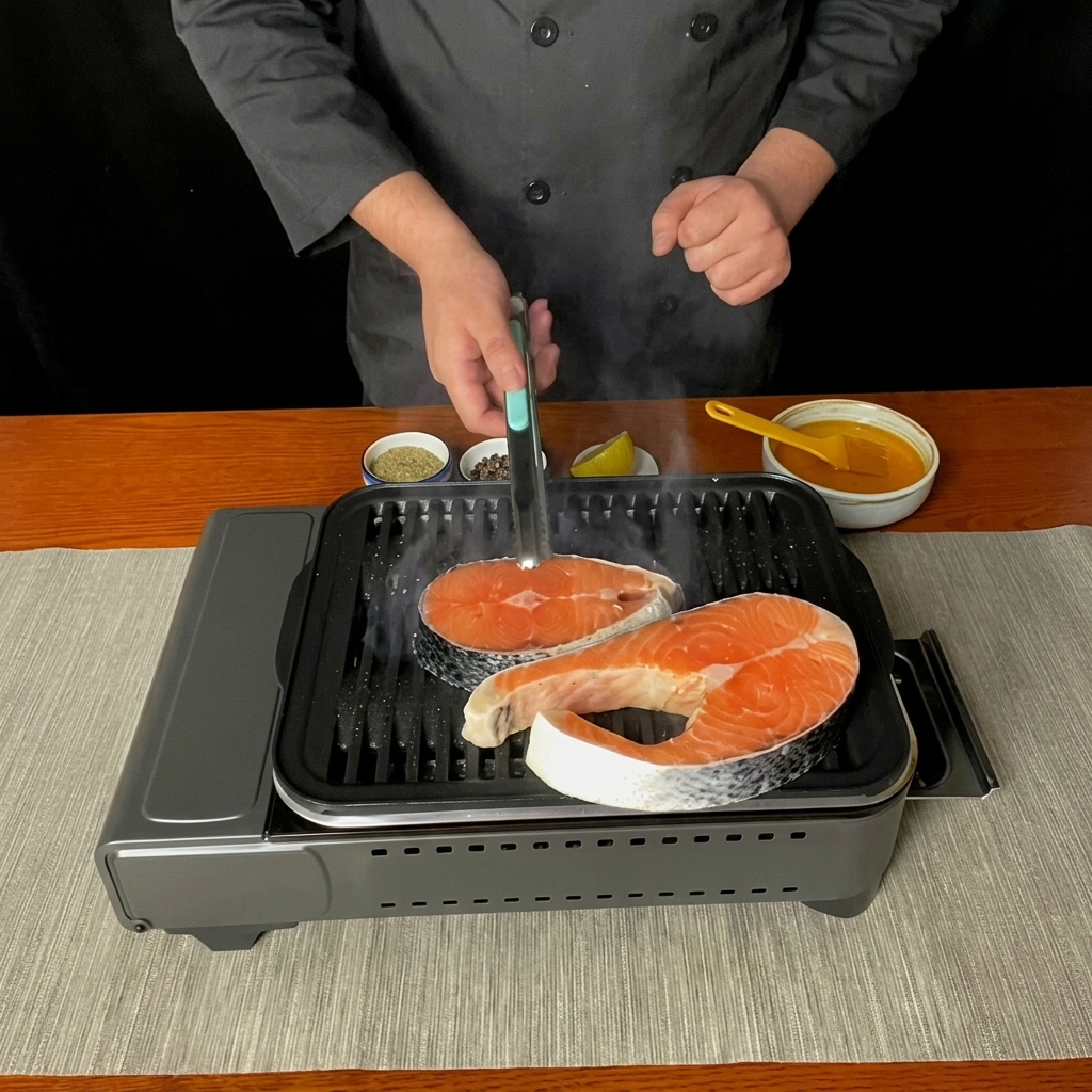 Salmon steaks searing on the grill pan with visible grill marks.