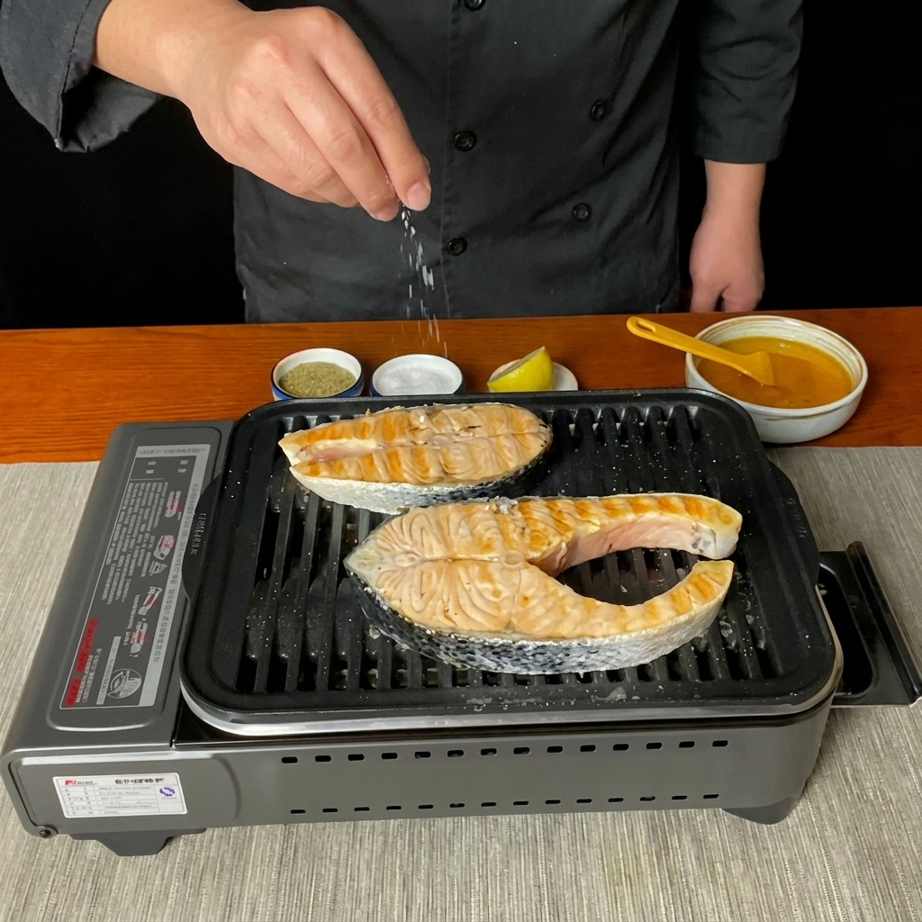 Dried rosemary being sprinkled over the salmon steaks on the grill.