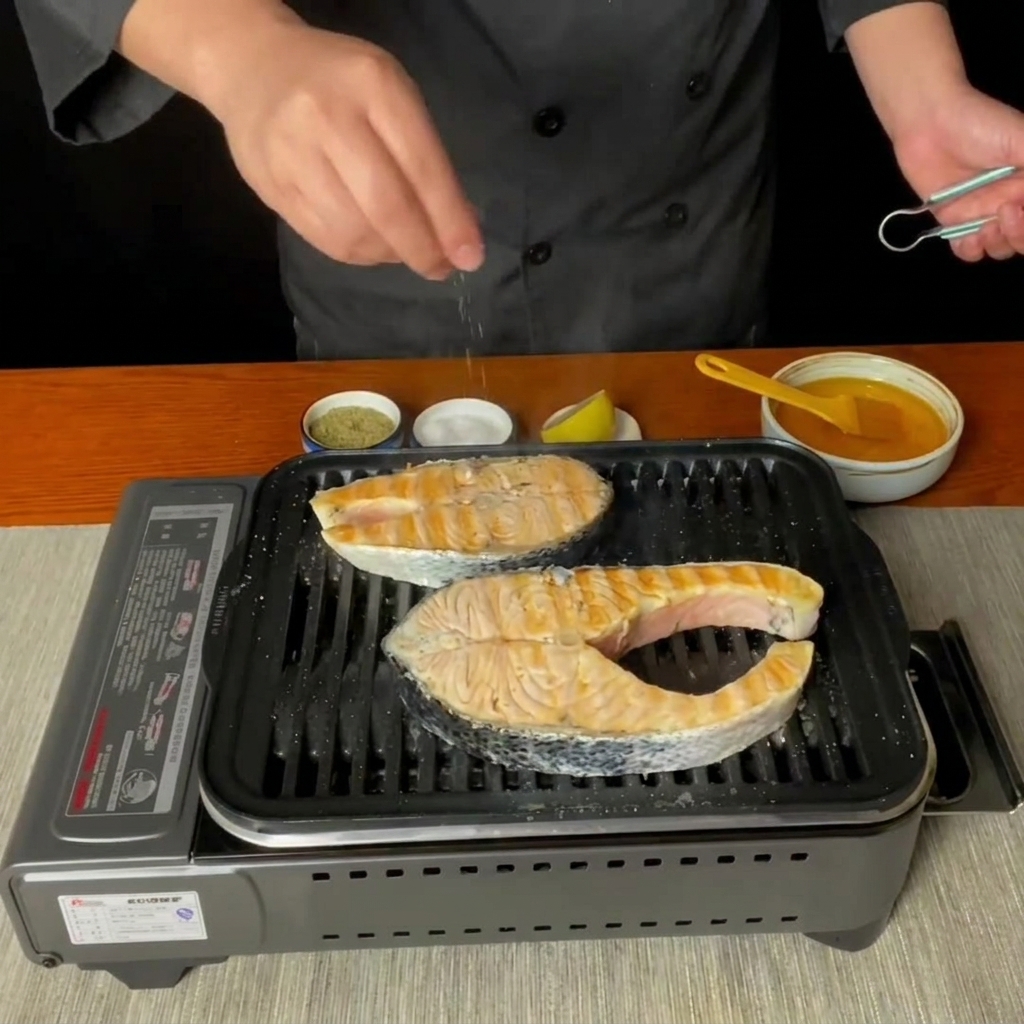 Fresh lemon juice being squeezed over the salmon steaks on the grill pan.
