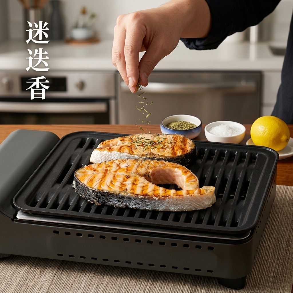 A hand sprinkling fresh rosemary herbs over the salmon steaks on the grill.