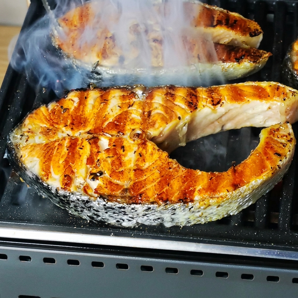 Salmon steaks grilling on a hot pan with steam rising around them.