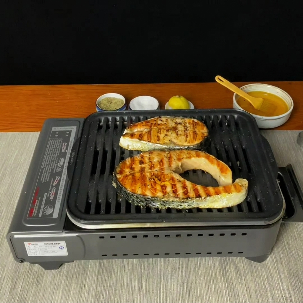 Fresh black pepper being freshly ground from a mill onto golden grilled salmon steaks.